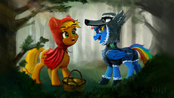 Size: 1500x844 | Tagged: safe, artist:xbi, applejack, rainbow dash, earth pony, pegasus, pony, g4, animal costume, big bad wolf, clothes, costume, duo, female, forest, little red riding hood, mare, wolf costume