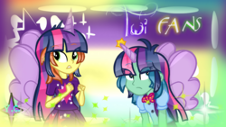 Size: 1280x722 | Tagged: safe, artist:yaycelestia0331, cherry mango, oasis breeze, equestria girls, g4, once upon a zeppelin, duo, equestria girls-ified, fake horns, fake wings, fan ponies, surprised, text