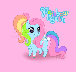 Size: 500x474 | Tagged: safe, artist:reachfarhigh, rainbow dash (g3), pony, g3, chibi, female, pink background, simple background, solo, text