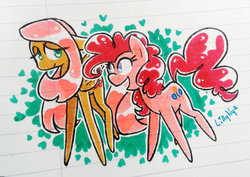 Size: 800x566 | Tagged: safe, artist:lillynya, fluttershy, pinkie pie, earth pony, pegasus, pony, g4, couple, duo, female, heart, heart background, heart eyes, lesbian, lined paper, ship:flutterpie, shipping, traditional art, wingding eyes