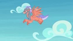 Size: 1280x720 | Tagged: safe, screencap, coral zephyr, classical hippogriff, hippogriff, g4, surf and/or turf, armor, chestplate, flying, helmet, male, sky, solo, spread wings, wings