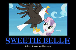 Size: 659x436 | Tagged: safe, edit, edited screencap, screencap, sweetie belle, bald eagle, eagle, pony, unicorn, g4, surf and/or turf, discovery family logo, eyes closed, falconry, female, filly, meme, motivational poster, open beak, screech, solo, spread wings, wings