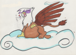 Size: 3150x2312 | Tagged: safe, artist:mrleft, gilda, griffon, g4, belly, big belly, burp, burping up items, carnivore, cloud, confetti, digestion, eyes closed, female, fetish, food chain, gildapred, griffons doing griffon things, high res, implied pinkie pie, mythologically accurate, pinkie prey, predator, prey, spread wings, traditional art, vore, wings