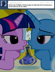 Size: 608x800 | Tagged: safe, artist:navitaserussirus, edit, trixie, twilight sparkle, g4, couple, duo, female, flower, flower vase, lesbian, looking at each other, ship:twixie, shipping, spanish, translation