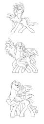 Size: 800x2220 | Tagged: safe, artist:pikokko, oc, oc only, oc:sound wave, unnamed oc, pegasus, pony, unicorn, black and white, comic, dancing, female, grayscale, lineart, male, mare, monochrome, offspring, parent:bulk biceps, parent:fluttershy, parents:flutterbulk, simple background, stallion, white background