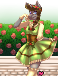 Size: 2975x3850 | Tagged: safe, artist:ladypixelheart, oc, oc only, oc:disty, unicorn, anthro, bow, braid, clothes, crossdressing, dress, floral head wreath, flower, high res, lolita fashion, male, ribbon, rose, solo, stockings, thigh highs