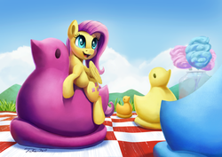 Size: 1200x851 | Tagged: safe, artist:tsitra360, fluttershy, duck, pegasus, pony, cloud, cotton candy, cute, female, happy, mare, micro, op, open mouth, peeps, picnic blanket, ponies in food, riding, shyabetes, sky, smiling, solo, tiny ponies