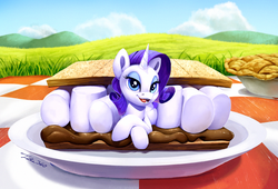 Size: 1200x815 | Tagged: safe, artist:tsitra360, rarity, pony, unicorn, g4, chocolate, derail in the comments, female, food, graham cracker, grass, mare, marshmallow, micro, picnic blanket, pie, plate, ponies in food, rarity is a marshmallow, s'mores, solo, tiny ponies