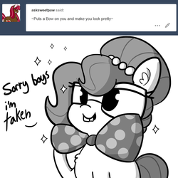 Size: 1650x1650 | Tagged: safe, artist:tjpones, oc, oc only, oc:brownie bun, earth pony, pony, horse wife, ask, black and white, bowtie, bucktooth, ear fluff, female, grayscale, mare, monochrome, nerd, simple background, solo, tumblr, white background