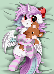 Size: 2550x3509 | Tagged: safe, artist:pridark, oc, oc only, alicorn, pony, alicorn oc, bed, bow, clothes, female, high res, on back, socks, solo, striped socks, teddy bear