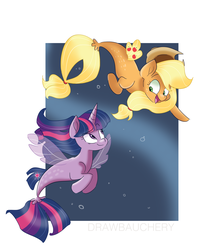 Size: 5465x6770 | Tagged: safe, artist:drawbauchery, applejack, twilight sparkle, alicorn, seapony (g4), g4, my little pony: the movie, absurd resolution, applejack's hat, cowboy hat, duo, female, hat, horn, looking at each other, seaponified, seapony applejack, seapony twilight, species swap, twilight sparkle (alicorn), underwater