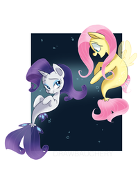 Size: 5465x6770 | Tagged: safe, artist:drawbauchery, fluttershy, rarity, seapony (g4), g4, my little pony: the movie, absurd resolution, duo, female, horn, seaponified, seapony fluttershy, seapony rarity, species swap, underwater, wings