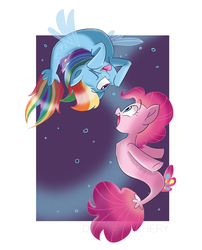 Size: 5465x6770 | Tagged: safe, artist:drawbauchery, pinkie pie, rainbow dash, earth pony, pegasus, pony, seapony (g4), g4, my little pony: the movie, absurd resolution, blue eyes, bubble, clothes, cute, digital art, dorsal fin, female, fin, fin wings, fins, fish tail, flowing mane, flowing tail, gradient background, happy, looking at each other, looking at someone, mare, ocean, one eye closed, pink eyes, scales, seaponified, seapony pinkie pie, seapony rainbow dash, see-through, smiling, smiling at each other, species swap, swimming, tail, teeth, underwater, water, wings, wink