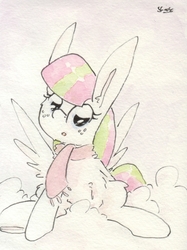 Size: 692x927 | Tagged: safe, artist:slightlyshade, blossomforth, pegasus, pony, g4, clothes, cloud, female, scarf, solo, traditional art