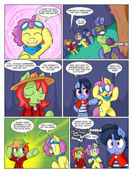 Size: 1280x1656 | Tagged: safe, artist:zanezandell, oc, oc only, oc:cortland apple, oc:krabby, oc:sugar bolt, pony, comic:cmcnext, ascot, bipedal, cape, clothes, cmcnext, colt, comic, cute, female, filly, goggles, hat, male, pink, plaid shirt, rumbling, saw, shirt, shoujo sparkles, smiling, sparkles, speech bubble, straw hat, stripped shirt, tree
