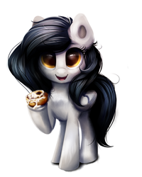 Size: 2000x2500 | Tagged: safe, artist:confetticakez, oc, oc only, oc:raven sun, pegasus, pony, cinnamon bun, cute, folded wings, food, high res, ocbetes, simple background, solo, standing, white background