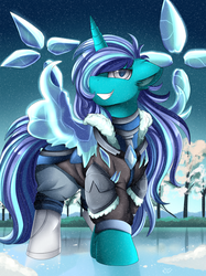 Size: 2595x3472 | Tagged: safe, artist:pridark, oc, oc only, oc:silver shard, pony, unicorn, clothes, high res, ice, male, smiling, snow, snowfall, solo, stallion