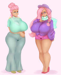 Size: 2430x2994 | Tagged: safe, artist:sundown, fluttershy, human, fake it 'til you make it, g4, big breasts, breasts, busty fluttershy, clothes, glasses, hair bun, hat, high heels, high res, hipstershy, huge breasts, humanized, impossibly large breasts, pants, plump, severeshy, shoes