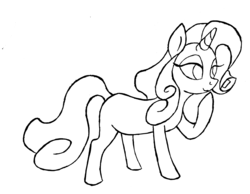 Size: 2856x2216 | Tagged: safe, artist:mjangelvortex, derpibooru exclusive, oc, oc only, oc:golden rose (ice1517), pony, unicorn, black and white, female, gift art, grayscale, high res, lidded eyes, lineart, mare, monochrome, raised hoof, simple background, solo, traditional art, white background, wip