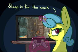 Size: 1800x1200 | Tagged: safe, artist:heir-of-rick, lemon hearts, pony, unicorn, g4, controller, dialogue, fallout, fallout 4, female, frown, glare, glowing horn, grumpy, horn, levitation, looking back, magic, mare, playstation 4, pouting, sleep is for the weak, solo, talking to viewer, telekinesis, television, text, video game