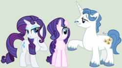 Size: 2188x1228 | Tagged: safe, artist:brendalobinha, fancypants, rarity, oc, oc:pretty opal, pony, unicorn, g4, family, female, green background, hair over one eye, male, mare, offspring, parent:fancypants, parent:rarity, parents:raripants, ship:raripants, shipping, simple background, straight