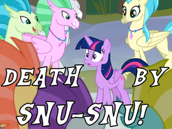 Size: 825x616 | Tagged: safe, edit, edited screencap, screencap, coral sunburst, drizzling sky, flush typhoon, ocean mist, tropical sand, twilight sparkle, alicorn, hippogriff, pony, g4, surf and/or turf, caption, cute, death by snu snu, female, futurama, implied death, implied sex, male, mare, snu-snu, text, this will end in snu snu, twiabetes, twilight sparkle (alicorn), unnamed character, unnamed hippogriff, wide eyes