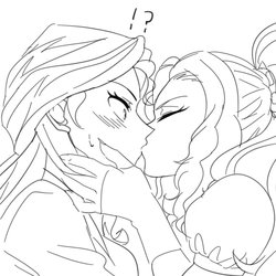 Size: 1000x1000 | Tagged: safe, artist:raika0306, adagio dazzle, sunset shimmer, equestria girls, g4, blushing, duo, exclamation point, female, interrobang, kiss on the lips, kissing, lesbian, monochrome, question mark, ship:sunsagio, shipping, sketch, surprise kiss, sweat, wip