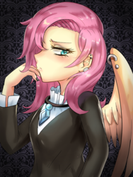 Size: 750x1000 | Tagged: safe, artist:tzc, fluttershy, human, equestria girls, fake it 'til you make it, g4, anime, bust, clothes, ear piercing, female, fluttergoth, humanized, looking sideways, piercing, portrait, profile, solo, wing piercing, winged humanization, wings