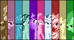 Size: 804x438 | Tagged: safe, artist:aukaicraftlv, applejack, discord, fluttershy, maud pie, pinkie pie, rainbow dash, rarity, starlight glimmer, trixie, twilight sparkle, alicorn, pony, g4, dragon ball, dragon ball super, mane six, rainbow power, tournament of power, twilight sparkle (alicorn)