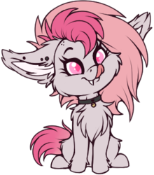 Size: 310x353 | Tagged: safe, artist:meggchan, oc, oc only, oc:candy quartz, bat pony, pony, :p, bat pony oc, bell, chest fluff, chibi, collar, cute, ear piercing, fangs, female, floppy ears, fluffy, licking, licking lips, mare, mlem, piercing, redraw, shaved mane, silly, simple background, sitting, solo, tongue out, transparent background, two toned mane, weapons-grade cute