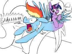 Size: 801x603 | Tagged: safe, artist:firenhooves, derpibooru exclusive, rainbow dash, twilight sparkle, pony, g4, bed, conjoined, dialogue, female, scared, shocked, surprised, what has magic done