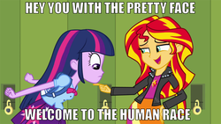 Size: 1600x900 | Tagged: safe, edit, edited screencap, editor:scrounge, screencap, sunset shimmer, twilight sparkle, equestria girls, g4, electric light orchestra, female, image macro, lesbian, meme, mr. blue sky, ship:sunsetsparkle, shipping, song reference
