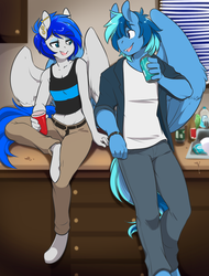 Size: 1600x2100 | Tagged: source needed, useless source url, safe, artist:spazzykoneko, oc, oc only, oc:sapphire sights, oc:umami stale, pegasus, anthro, unguligrade anthro, alcohol, bare hooves, beer, beer can, belt, cabinet, clothes, duo, ear piercing, eye contact, eyeshadow, fangs, female, gauges, industrial piercing, looking at each other, makeup, male, mare, midriff, pants, party, piercing, red solo cup, shirt, sink, sitting, stallion, tank top