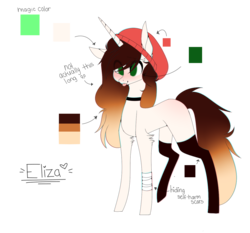 Size: 1341x1250 | Tagged: safe, artist:hyshyy, oc, oc only, oc:eliza, pony, unicorn, bandage, beanie, clothes, female, hat, mare, reference sheet, simple background, socks, solo, tongue out, transparent background