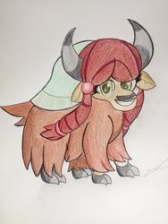 Size: 1024x1365 | Tagged: safe, artist:luxiwind, yona, yak, g4, school daze, cloven hooves, colored pencil drawing, female, looking at you, simple background, solo, traditional art, white background
