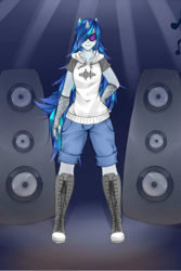 Size: 469x701 | Tagged: safe, artist:enginegear, dj pon-3, vinyl scratch, anthro, g4, boots, clothes, converse, female, hoodie, shoes, solo, speaker