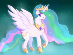 Size: 540x405 | Tagged: safe, artist:corvidcactus, princess celestia, alicorn, pony, g4, female, looking at you, mare, solo, spread wings, wings