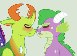 Size: 1480x1072 | Tagged: safe, artist:everythingf4ngirl, spike, thorax, changedling, changeling, g4, adult, adult spike, blushing, boop, gay, green background, king thorax, male, noseboop, older, older spike, ship:thoraxspike, shipping, simple background, spikelove