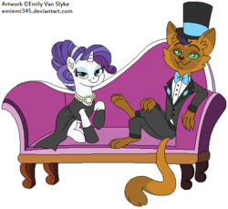 Size: 549x502 | Tagged: safe, artist:emiemi345, capper dapperpaws, rarity, abyssinian, unicorn, anthro, g4, my little pony: the movie, ass, black dress, butt, capperity, clothes, dress, female, hat, male, mare, paws, shipping, simple background, straight, top hat, tuxedo, white background