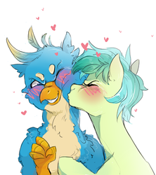 Size: 1600x1800 | Tagged: dead source, safe, artist:oniricat, gallus, sandbar, earth pony, griffon, pony, g4, school daze, adventure in the comments, bigotry in the comments, blushing, cheek kiss, cute, derail in the comments, discussion in the comments, duckery in the comments, featured image, gallabetes, gay, graveyard of comments, heart, interspecies, kissing, male, pony on griffon action, sandabetes, ship:gallbar, shipping, simple background, stallion, teenager, white background