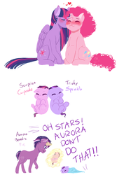 Size: 1001x1417 | Tagged: safe, artist:natsuni0, pinkie pie, twilight sparkle, oc, alicorn, earth pony, pony, g4, blushing, cheek kiss, eyes closed, female, foal, heart, kissing, lesbian, magical lesbian spawn, mare, nuzzling, offspring, parent:pinkie pie, parent:twilight sparkle, parents:twinkie, preggy pie, pregnant, ship:twinkie, shipping, siblings, simple background, twilight sparkle (alicorn), twins, white background