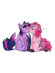 Size: 1800x2400 | Tagged: safe, artist:fri3d-goatwings, pinkie pie, twilight sparkle, alicorn, earth pony, pony, g4, cheek kiss, duo, female, floral head wreath, flower, flower in hair, kissing, lesbian, mare, ship:twinkie, shipping, simple background, sitting, transparent background, twilight sparkle (alicorn)