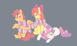 Size: 1542x936 | Tagged: safe, artist:chepelitaxd, apple bloom, scootaloo, sweetie belle, earth pony, pegasus, pony, unicorn, g4, clothes, cute, cutie mark crusaders, scarf, shared clothing, shared scarf, trio