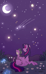 Size: 2466x3905 | Tagged: safe, artist:chepelitaxd, spike, twilight sparkle, alicorn, pony, g4, cute, duo, flower, high res, moon, mushroom, night, shooting star, stargazing, stars, twilight sparkle (alicorn)