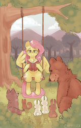 Size: 2461x3863 | Tagged: safe, artist:chepelitaxd, angel bunny, fluttershy, harry, bear, rabbit, g4, book, forest, high res, reading, swing, tree, wing hands