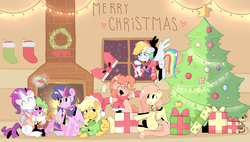 Size: 6535x3714 | Tagged: safe, artist:chepelitaxd, applejack, fluttershy, pinkie pie, rainbow dash, rarity, spike, twilight sparkle, alicorn, pony, g4, christmas, christmas tree, christmas wreath, clothes, female, fireplace, hat, heart, holiday, male, mane seven, mane six, plushie, present, santa hat, scarf, ship:sparity, shipping, socks, straight, tree, twilight sparkle (alicorn), wreath