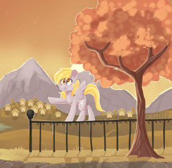 Size: 1600x1561 | Tagged: safe, artist:chepelitaxd, derpy hooves, pegasus, pony, g4, balancing, female, fence, mare, mountain, raised hoof, signature, sky, smiling, solo, spread wings, sun, tree, wings