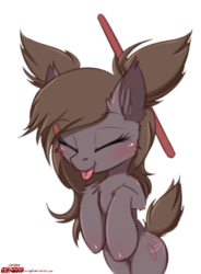 Size: 735x997 | Tagged: safe, artist:orang111, oc, oc only, oc:rebii, earth pony, pony, :p, bipedal, blushing, cute, eyes closed, female, hair bun, mare, pigtails, silly, solo, tongue out