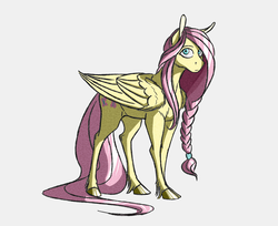 Size: 1944x1584 | Tagged: safe, artist:akweer, fluttershy, pegasus, pony, g4, alternate hairstyle, braid, female, mare, simple background, solo, unshorn fetlocks, white background, wings