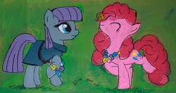 Size: 1139x600 | Tagged: safe, artist:aquilateagle, maud pie, pinkie pie, earth pony, pony, g4, candy, clothes, cute, dress, duo, duo female, eyes closed, female, food, jewelry, mare, maudabetes, necklace, painting, pie sisters, rock candy, rock candy necklace, siblings, sisters, smiling, traditional art, when she smiles
